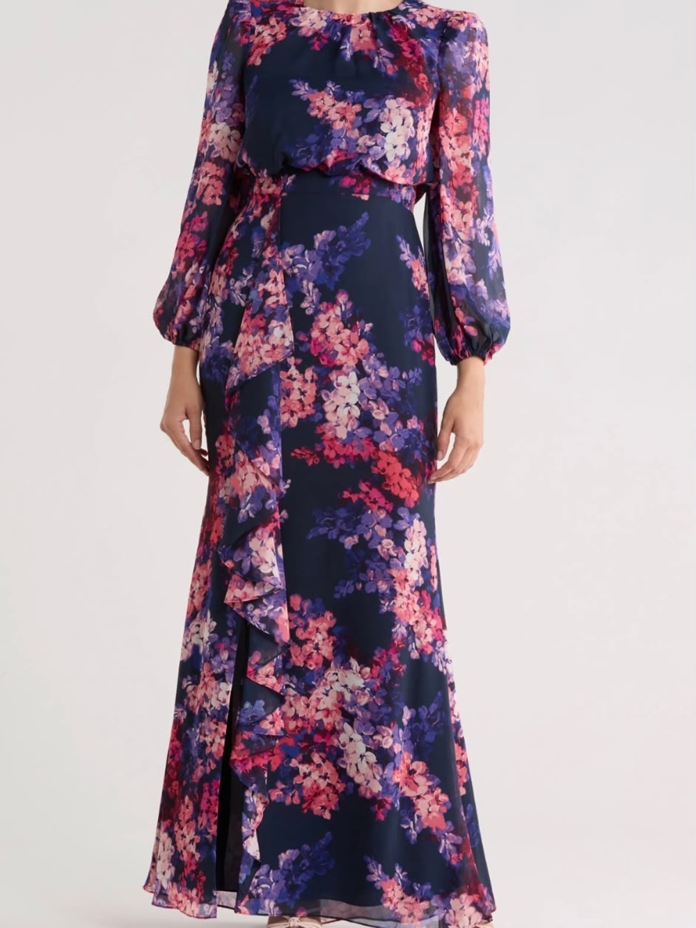 😍Eliza J Navy Floral Ruffled Maxi Dress with Pink & Purple Blooms Size 4